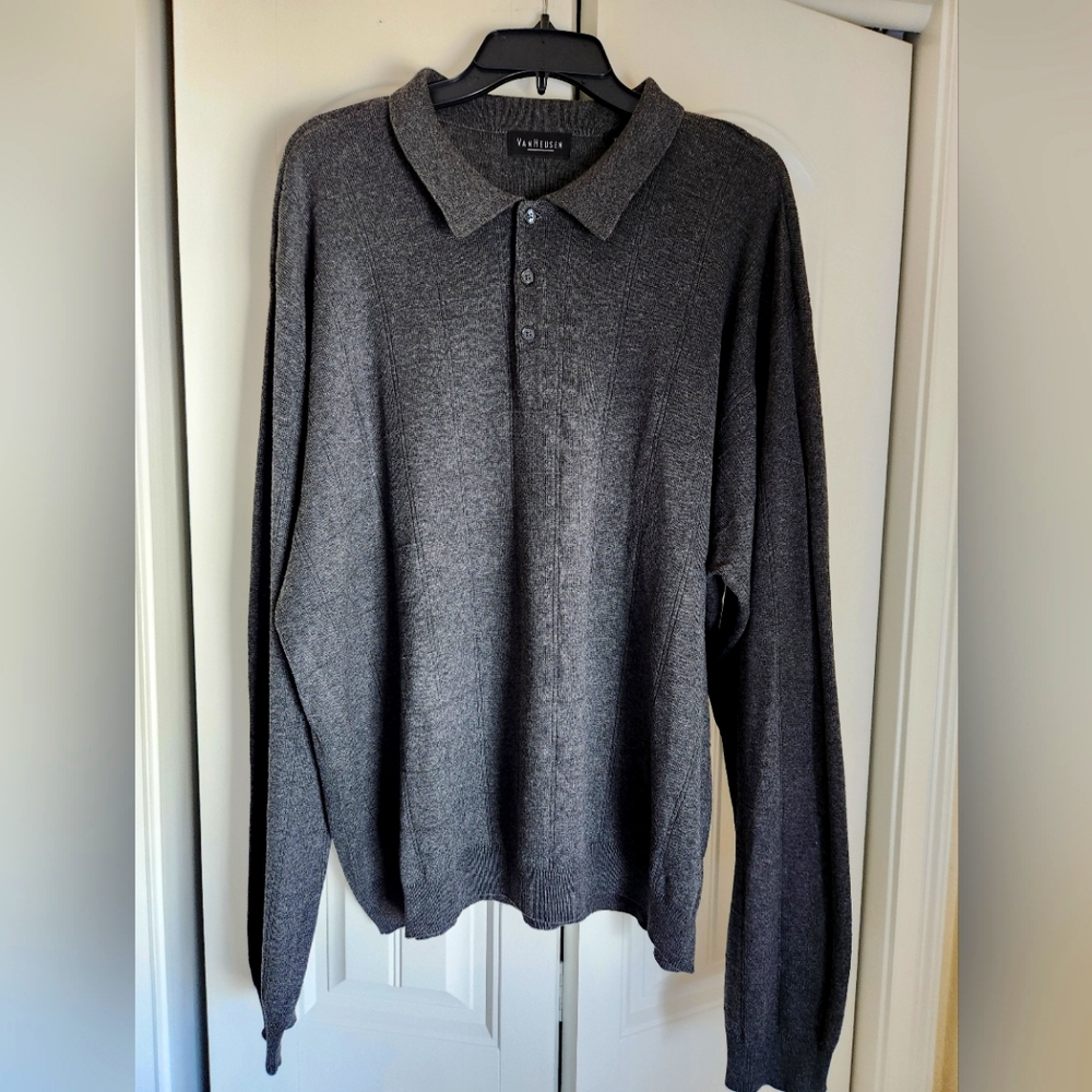Men's Gray Van Heusen Long Sleeve Knit Polo Sz XXL!
